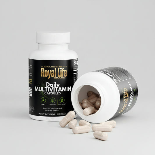 Royal Life Daily Multivitamin capsules with open bottle on a white background