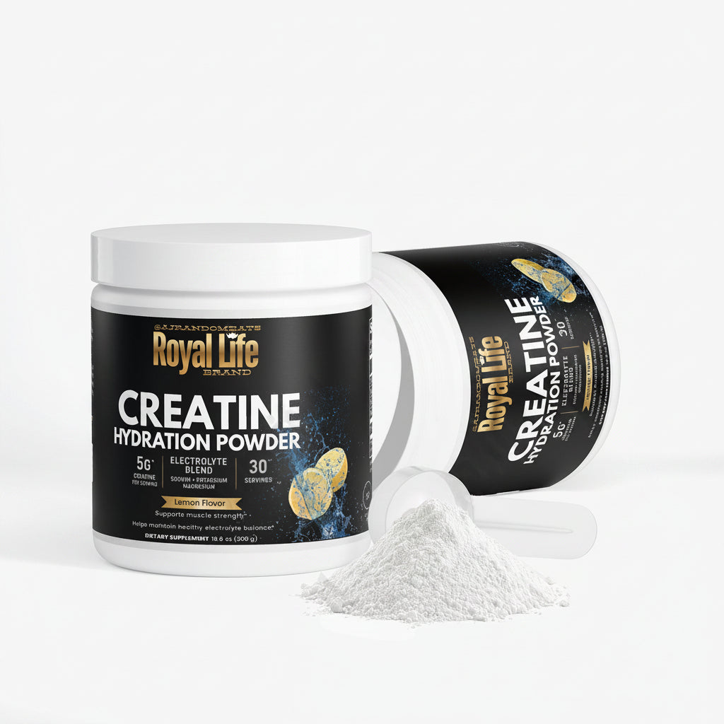 Royal Life Creatine Hydration Powder container with open lid on a white background