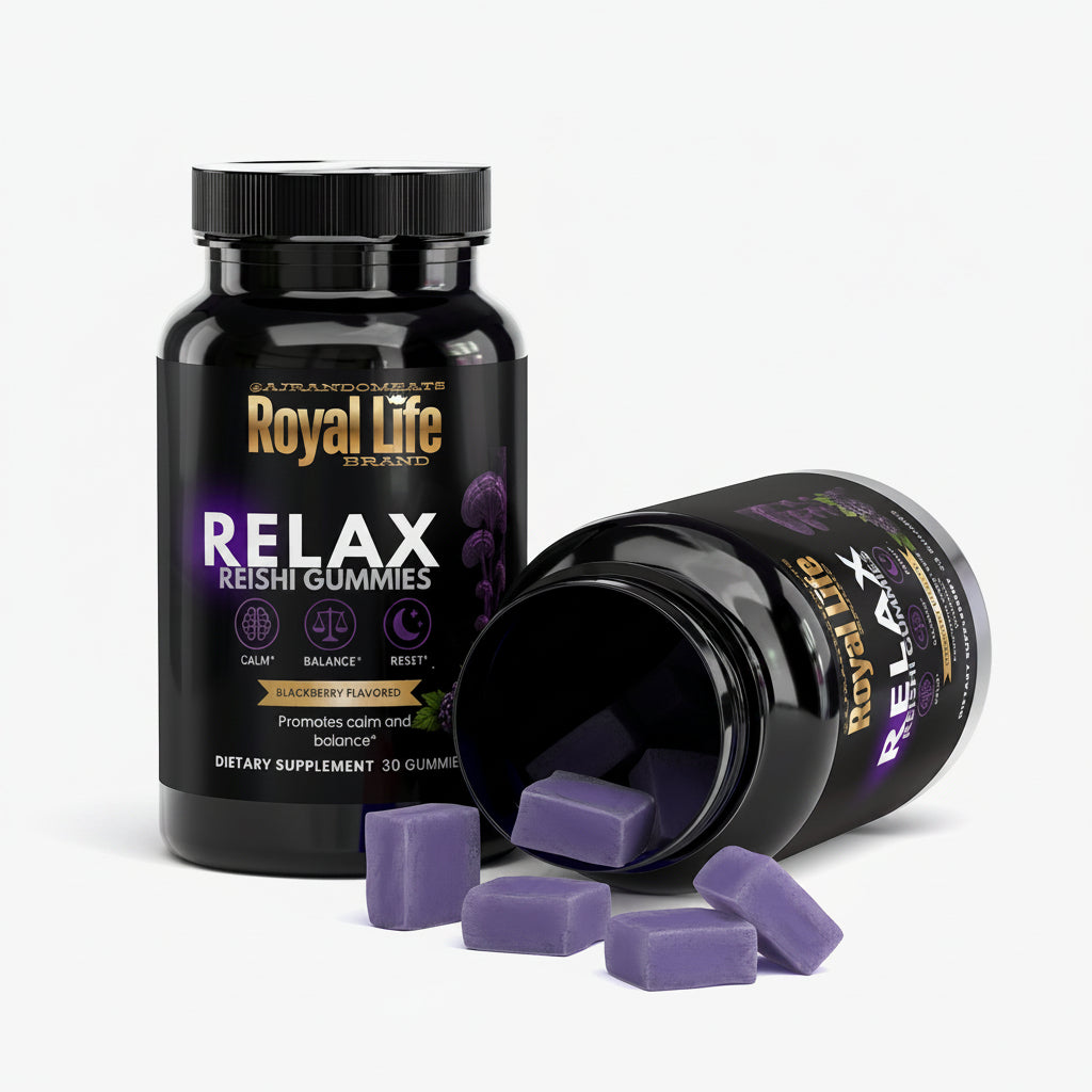 Royal Life Relax Reishi Gummies bottle with gummies on a white background