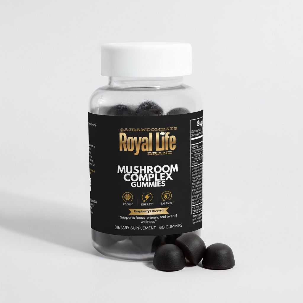 Bottle of Royal Life Mushroom Complex gummies on a light gray background