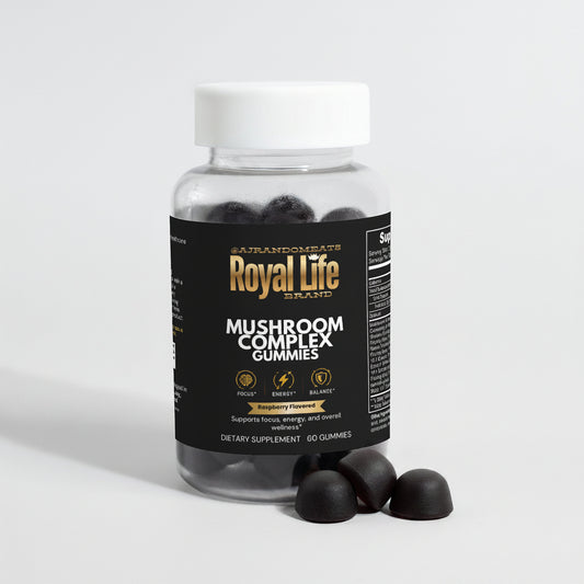 Bottle of Royal Life Mushroom Complex gummies on a light gray background