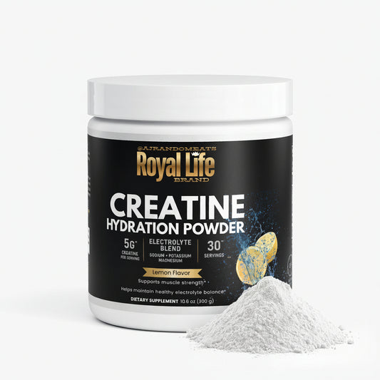 Royal Life Creatine Hydration Powder container with powder spilling out on a white background