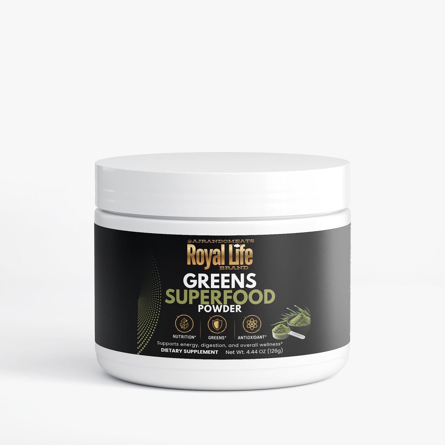 Jar of Royal Life Greens Superfood Powder on a white background