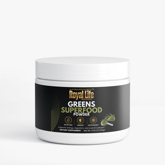 Jar of Royal Life Greens Superfood Powder on a white background