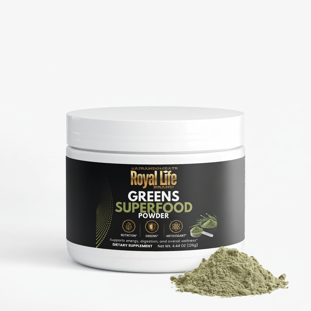 Jar of Royal Life Greens Superfood Powder on a white background
